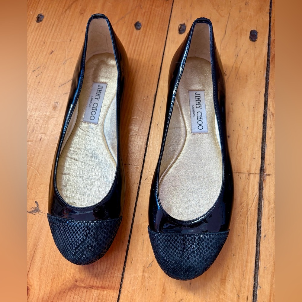 Jimmy Choo Black Patent Leather and Textured Cap Toe Flats